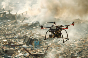 Hybrid drone used in search and rescue operations, showcasing advanced technology flying over a disaster area, highlighting its critical role in emergency response and disaster relief efforts.
