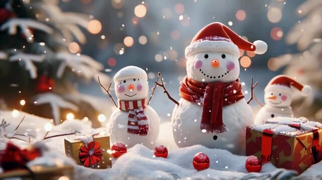 Three snowmen wearing Santa hats on a snowy ground surrounded by holiday lights and gifts. They are decorated with buttons and scarves, creating a joyful and festive atmosphere.