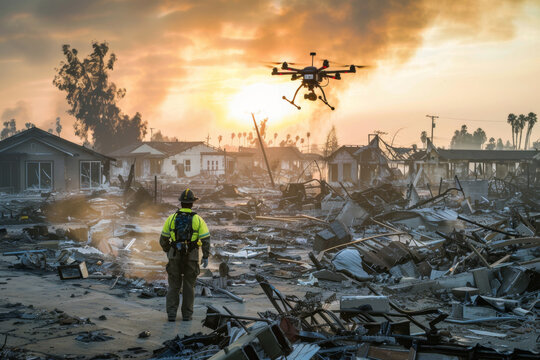Drone used for disaster relief and emergency response. Aerial reconnaissance in disaster-stricken areas. Situational awareness and supporting rescue operations with real-time data and surveillance. - Powered by Adobe