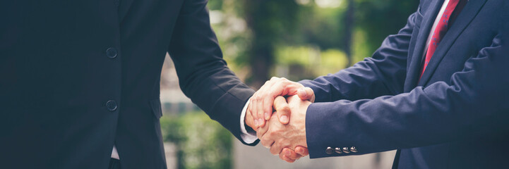 Banner Lawyer teamwork partnership Businessman handshake together. Panorama Two Men Trust honesty...