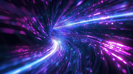 Fototapeta premium Blue and Purple Light Lines on Dark Background: 3D Hyperspace Visualization