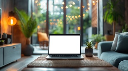 Mockup of modern laptop in contemporary living room, AI-generative