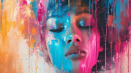 A young African-American woman with closed eyes is depicted in a close-up artistic portrait. Her face is covered in vibrant paint splashes of blue, pink, and orange, creating a colorful, expressive - Powered by Adobe
