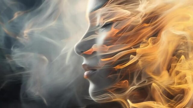 A young woman's profile is engulfed in dynamic wisps of fire and smoke, creating a surreal and ethereal effect. The image captures her serene expression in an intense, dreamlike atmosphere, possibly