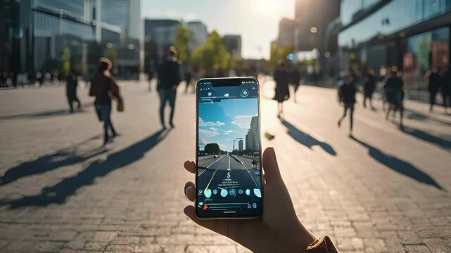 Person holding a smartphone with an augmented reality app in a city setting.