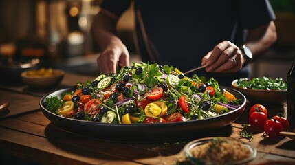 Chef in striped apron presenting a handcrafted salad bowl filled with vibrant greens and vegetables. 