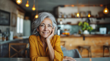 Beautiful, mature Hispanic woman sitting and smiling in cafe restaurant, leisure lifestyle, copy space