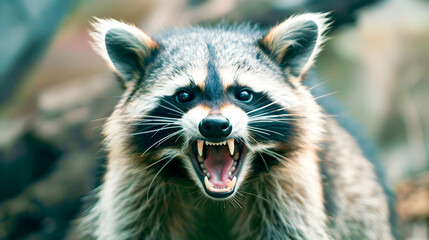Closeup portrait of an angry ferocious raccoon with open mouth snarling and showing sharp teeth ready to attack in a confrontational and aggressive stance