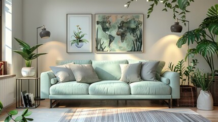 Fototapeta premium Scandinavian style living room with mint sofa, designer furnishings, mock-up poster, map decor, plants, and elegant touches for a chic ambiance