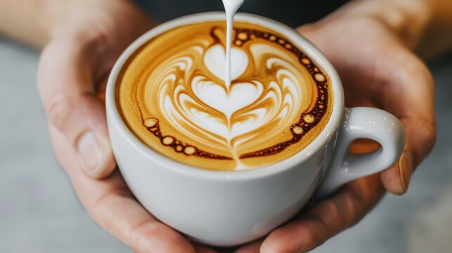 Barista hand holding beautifully crafted latte art coffee cup with heart design, showcasing warm brown tones and intricate detail.