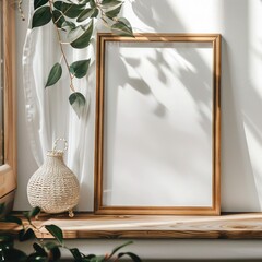 Home Interior Mockup: Empty Picture Frame Beside Window with Bamboo House Decor, Modern Design