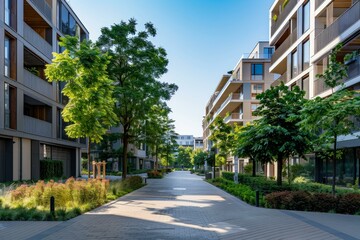 Peaceful view of a contemporary residential street lined with lush trees and plants