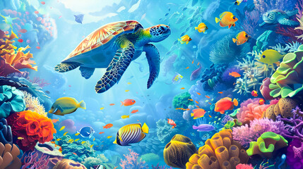 Obraz premium Vibrant Underwater Coral Reef Teeming with Diverse Marine Life and Captivating Sea Turtle A stunning