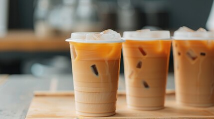 Three iced coffee drinks in plastic cups on a wooden surface, with a blurred background, showcasing a refreshing beverage on a warm day.