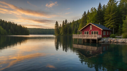 Fototapeta premium High-Resolution Image of Lakeside Cottage with Picturesque Sunset View