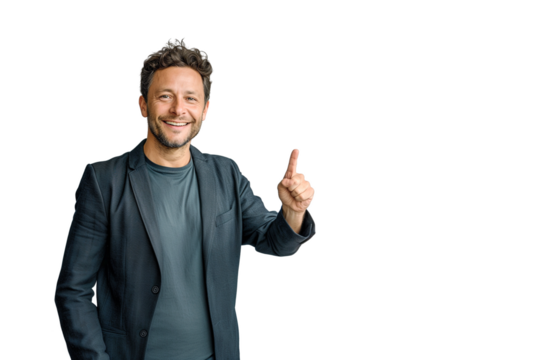 Smart businessman in black suit raised his hand and pointed to his side