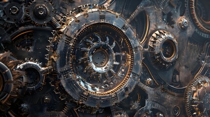 Fototapeta premium Mesmerizing Metallic Gears and Intricate Mechanical Patterns in Retrofuturistic Style