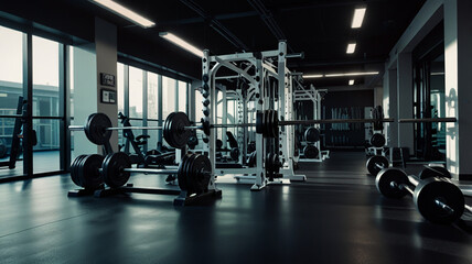 AI generative. 3d render interior gym mock up. White  lighting with dark ambient. 8