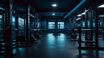AI generative. 3d render interior gym mock up. Blue  lighting with dark ambient. 2
