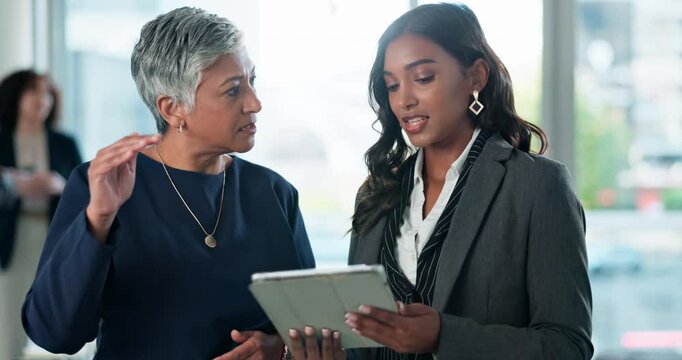 Collaboration, tablet or workshop with mentor and employee in boardroom of office for feedback or review. Coaching, corporate or coaching with business woman and manager in professional workplace