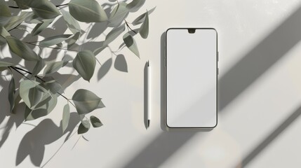 Photo of a white smartphone on a neutral background with eucalyptus Design and branding mockups Smartphone and pen on
