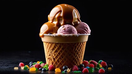 a chocolate ice cream cone with candy and candies