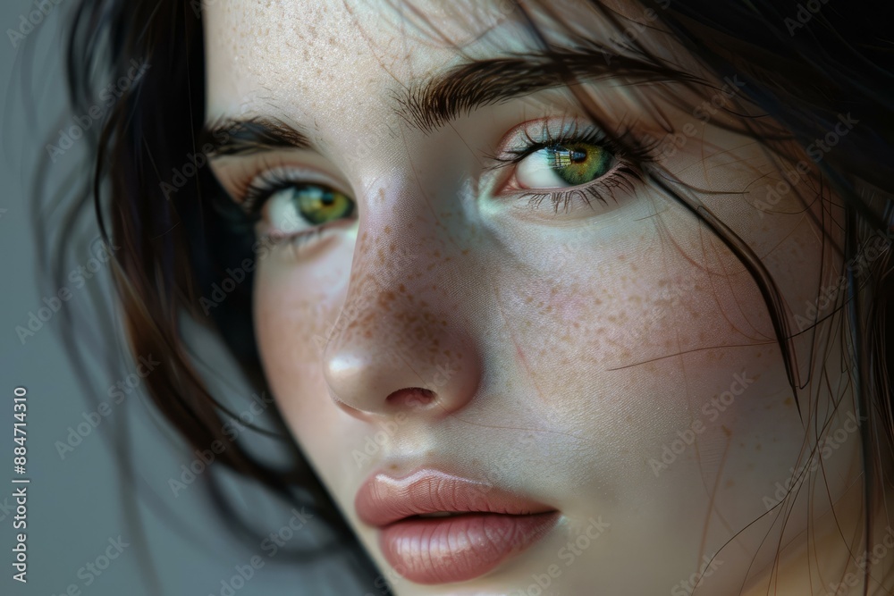 Sticker striking closeup of a young woman with vibrant green eyes and freckles