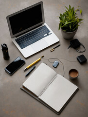 desk, a computer, keyboard, mouse, monitor, notebook, pen, pencil for down notes. organized with a stapler, paper clips, sticky notes, and a desk lamp, lit, include a coffee mug, pictures, plant
