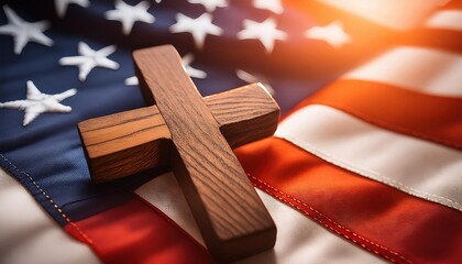 Fototapeta premium Christianity and Patriotism: Wooden Cross on American Flag