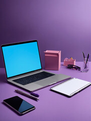 desk, a computer, keyboard, mouse, monitor, notebook, pen, pencil for down notes. organized with a stapler, paper clips, sticky notes, and a desk lamp, lit, include a coffee mug, pictures, plant