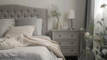 Bedroom Interior with Gray Bed and Nightstand
