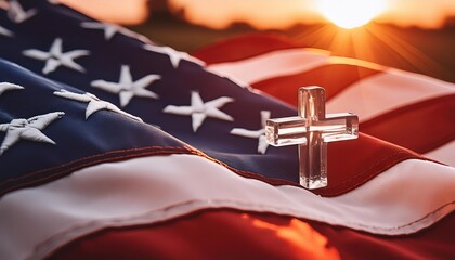 American Flag with a Cross at Sunset