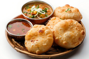 Board and plate of tasty Misa Mach Poora with on white background.