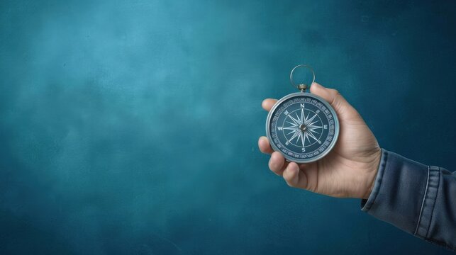 Composite image of a hand holding a compass on a blue background depicting strategic orientation in business or marketing