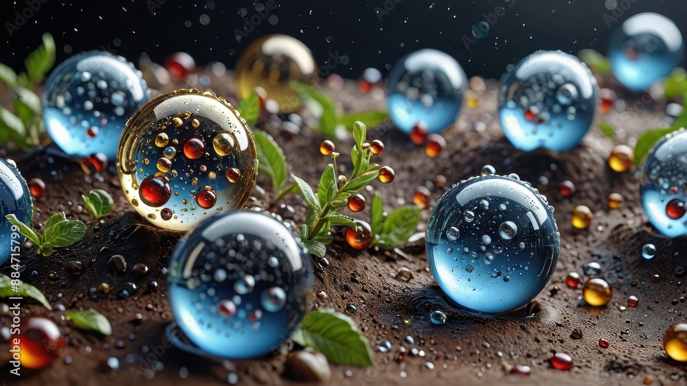 Canvas Prints abstract glass spheres with water drops and green leaves on a wooden surface.