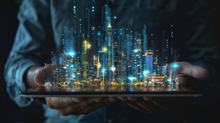 Fototapeta premium Digital Cityscape in Hands - Technology and Urban Development
