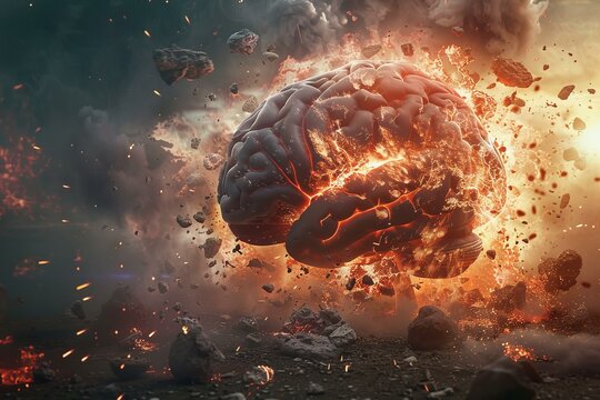 Digital art of a human brain exploding amidst fiery debris, symbolizing mental overload