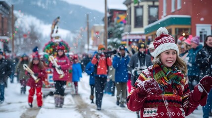 45. A vibrant winter holiday parade with festive floats, marching bands, and people wrapped up in winter clothing
