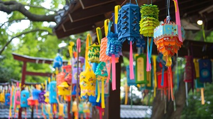 31. A traditional Japanese Tanabata festival with colorful paper lanterns, wish ribbons, and festive decorations