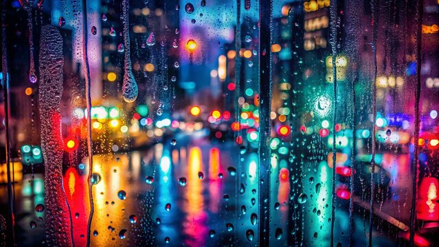 Moody rain-soaked cityscape with blurred neon lights reflected on wet windowpane, viewed through misty glass, with dark vibrant colors swirling.