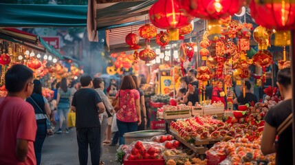 32. A festive Lunar New Year market with vibrant decorations, traditional foods, and people shopping for holiday items