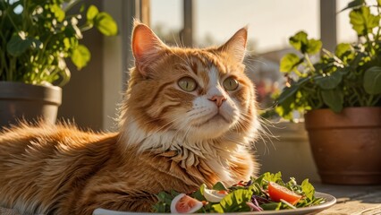 Orange Tabby Cat Looks Longingly at a Salad.