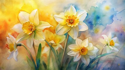 Naklejka premium Watercolor daffodils in a cheerful, sunny palette.