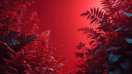 Red and Green Tropical Leaves Against a Red Background.