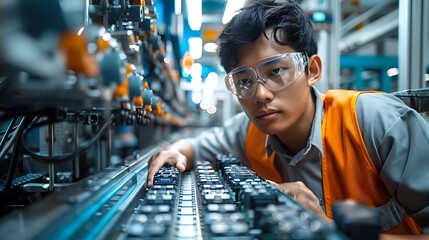 Chinese engineer working on EV car battery cells module in a electric vehicle factory