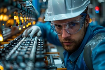 Chinese engineer working on EV car battery cells module in a electric vehicle factory