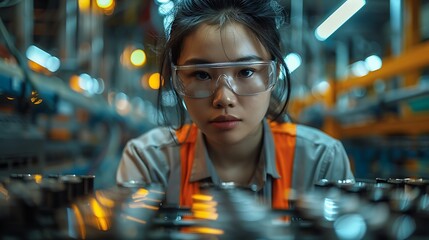 Chinese engineer working on EV car battery cells module in a electric vehicle factory