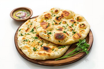 Board and plate of tasty Naan with on white background.