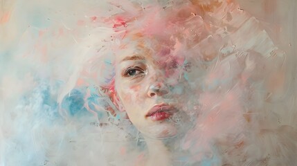 Fototapeta premium Whimsical Ethereal Portrait of Luminous Dreamlike Woman with Pastel Brushstrokes