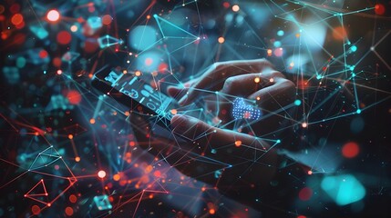 Overhead View of Hands Using Smartphone with Futuristic Digital Patterns and Glowing Data Streams